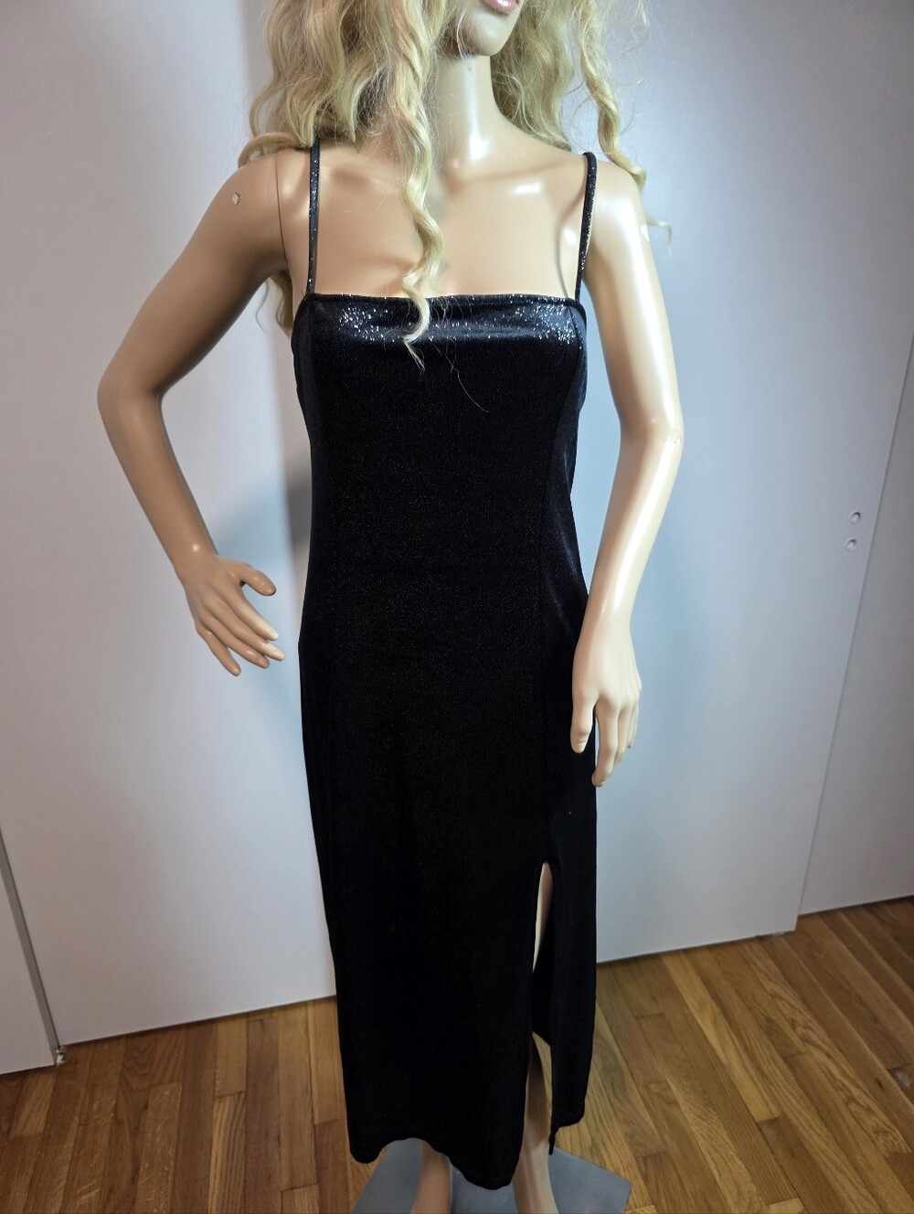 Black Shimmer / Glitter Velvet Maxi Dress with Side Leg Slit